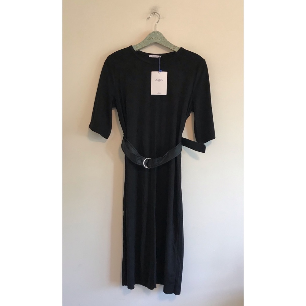NWT Zara Black Faux Suede Belted Midi Dress